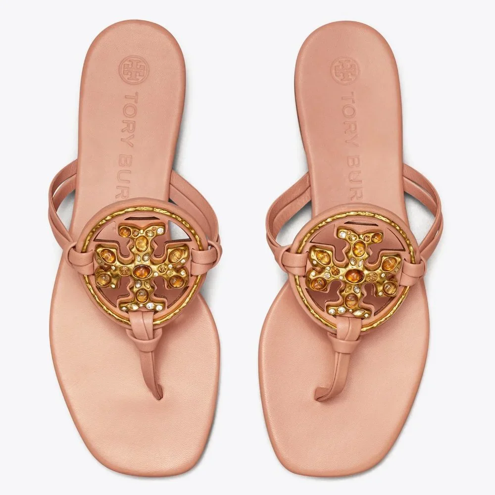 Tory Burch Miller Jeweled Leather Thong Sandals Meadowsweet Peachy Pink